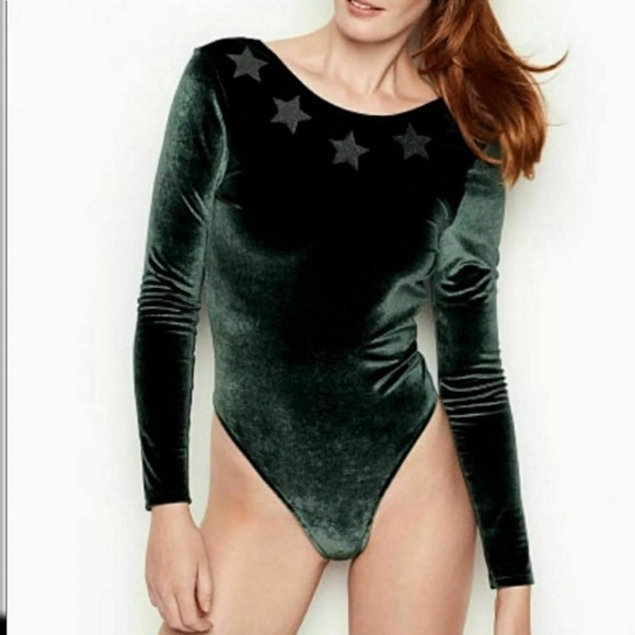 Victoria's Secret Other - VICTORIAS SECRET SPORT green velvet star bodysuit size XS thong long sleeve